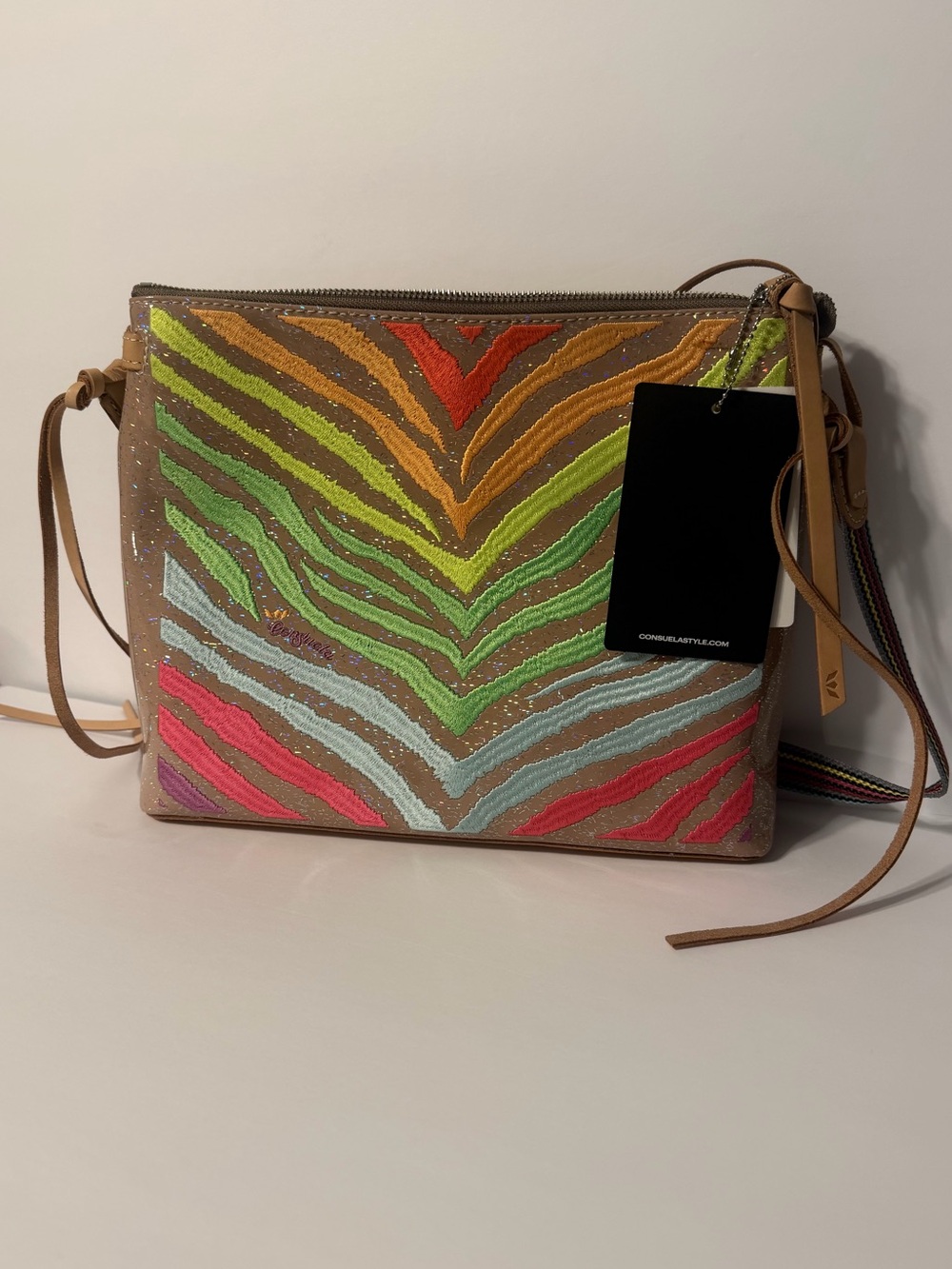 Consuela Multicolor Neon Chevron Crossbody - Tan Trim